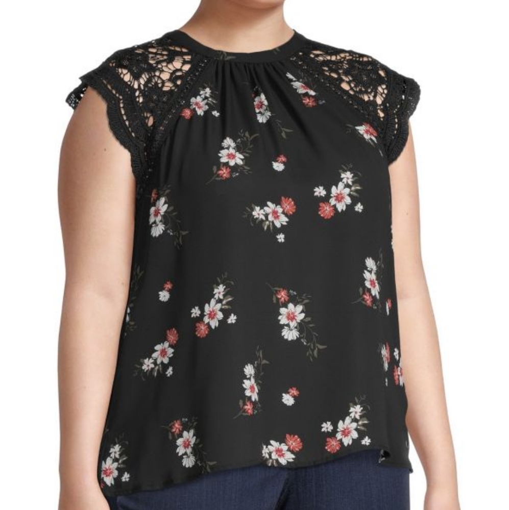 NEW - MARY & MO Plus Floral Lace-Sleeve Black Multicolor Top, Size: 2x (18-20)